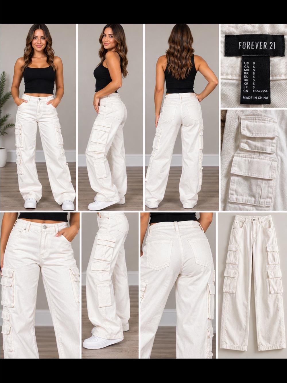 Forever 21 Off-White Cargo Wide-Leg Pants